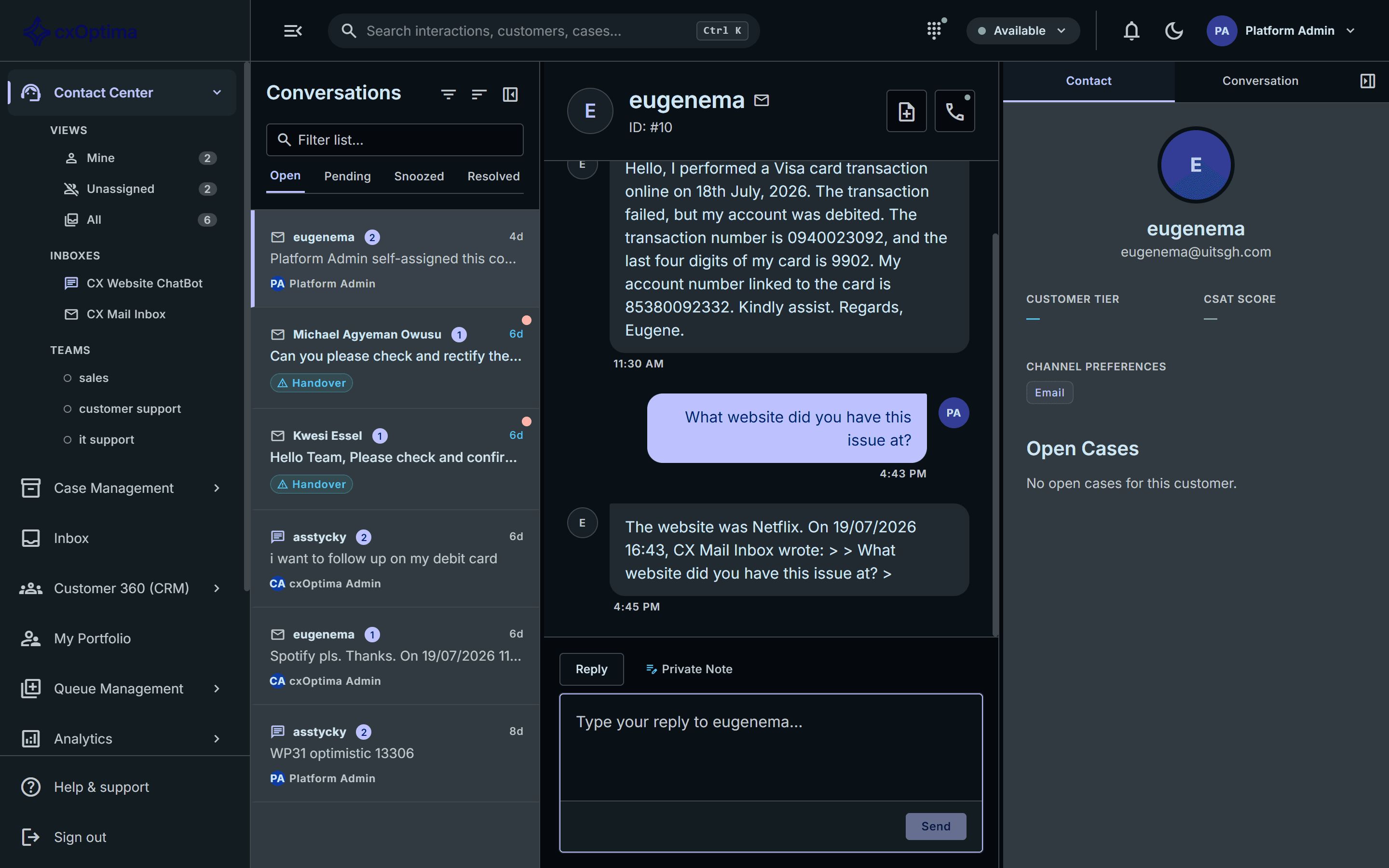 cxOptima agent desktop with a live conversation and 360° customer view