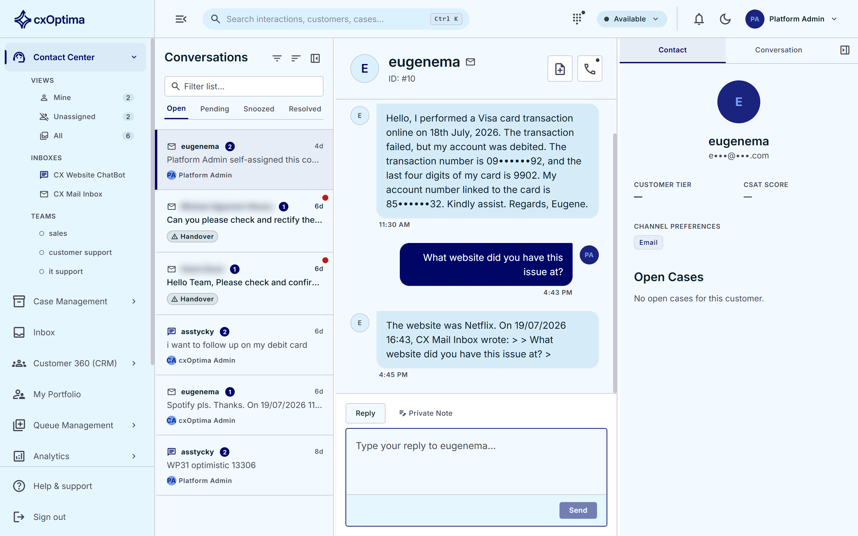 cxOptima agent desktop with a live conversation and 360° customer view