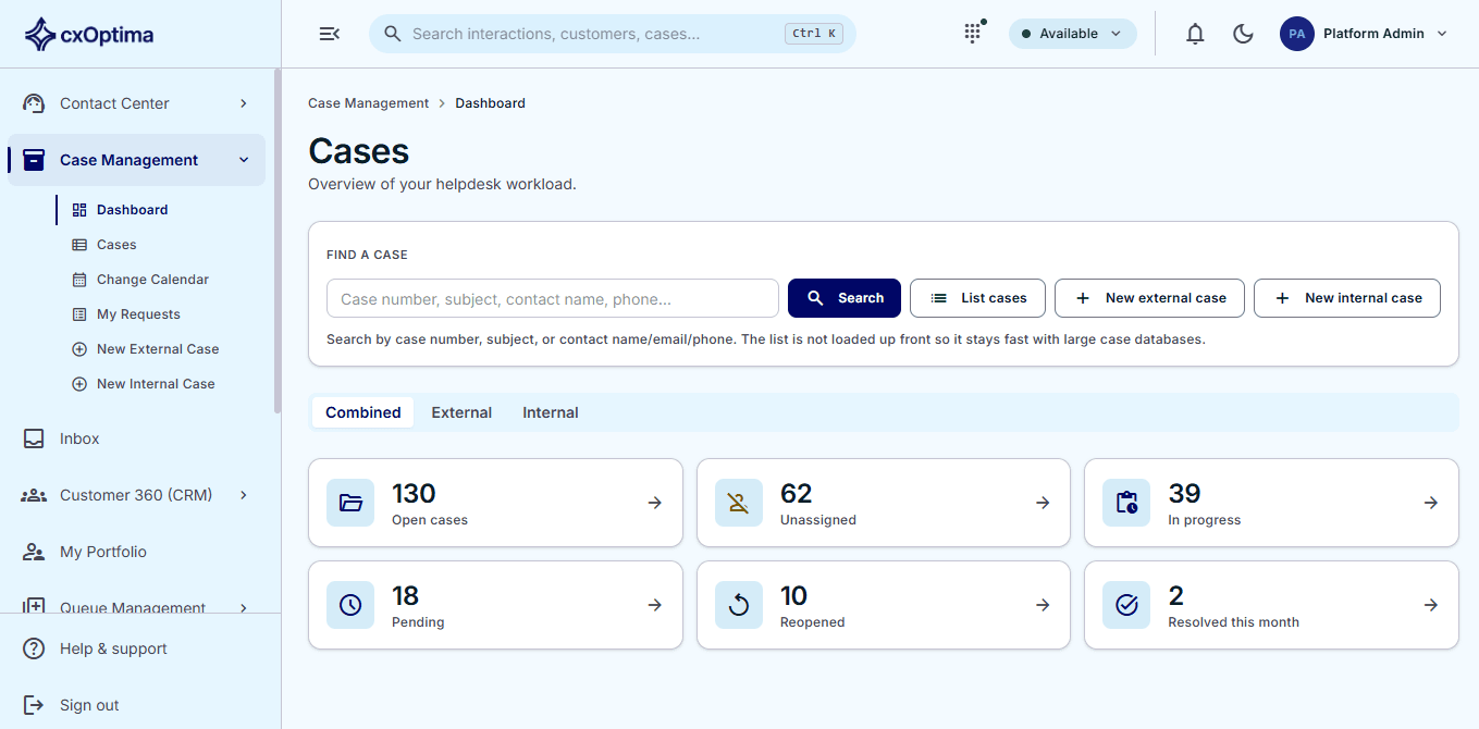 cxOptima case management dashboard