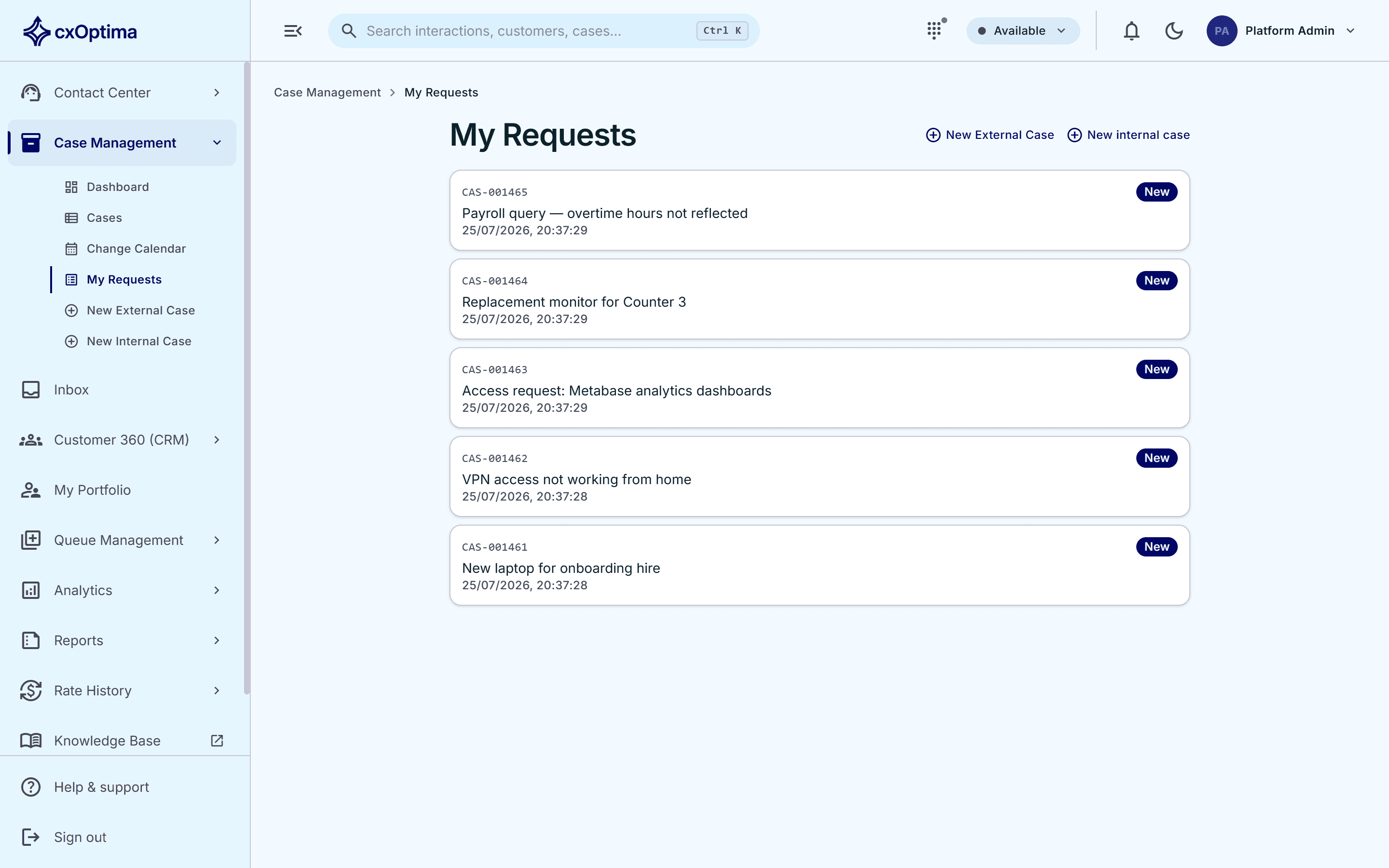 cxOptima internal service requests raised by an employee