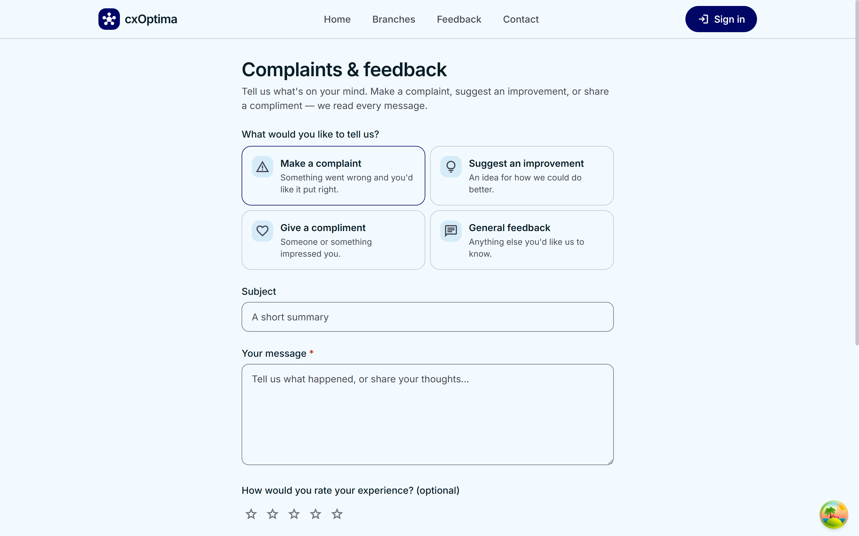 cxOptima portal complaints and feedback