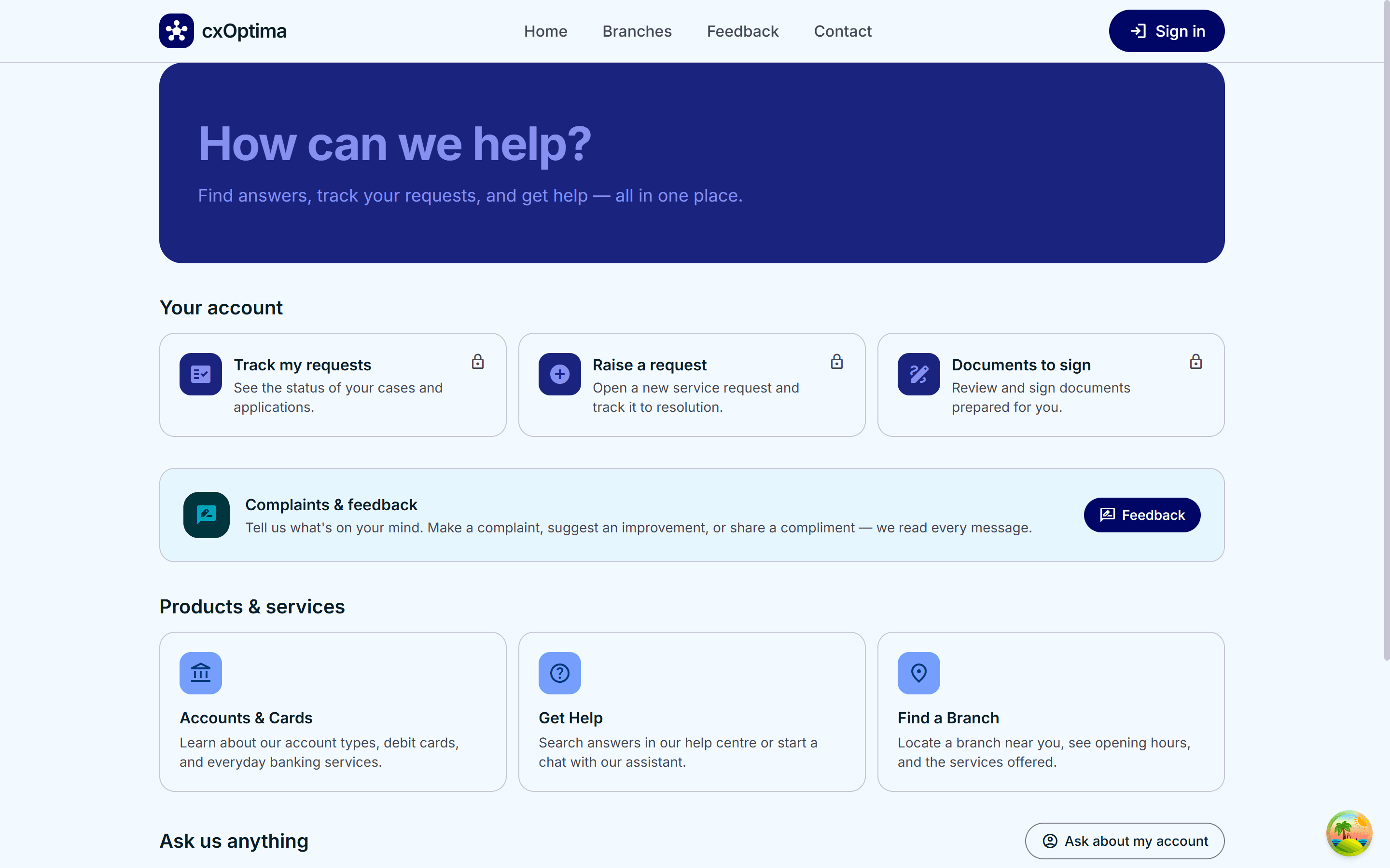 cxOptima branded customer self-service portal