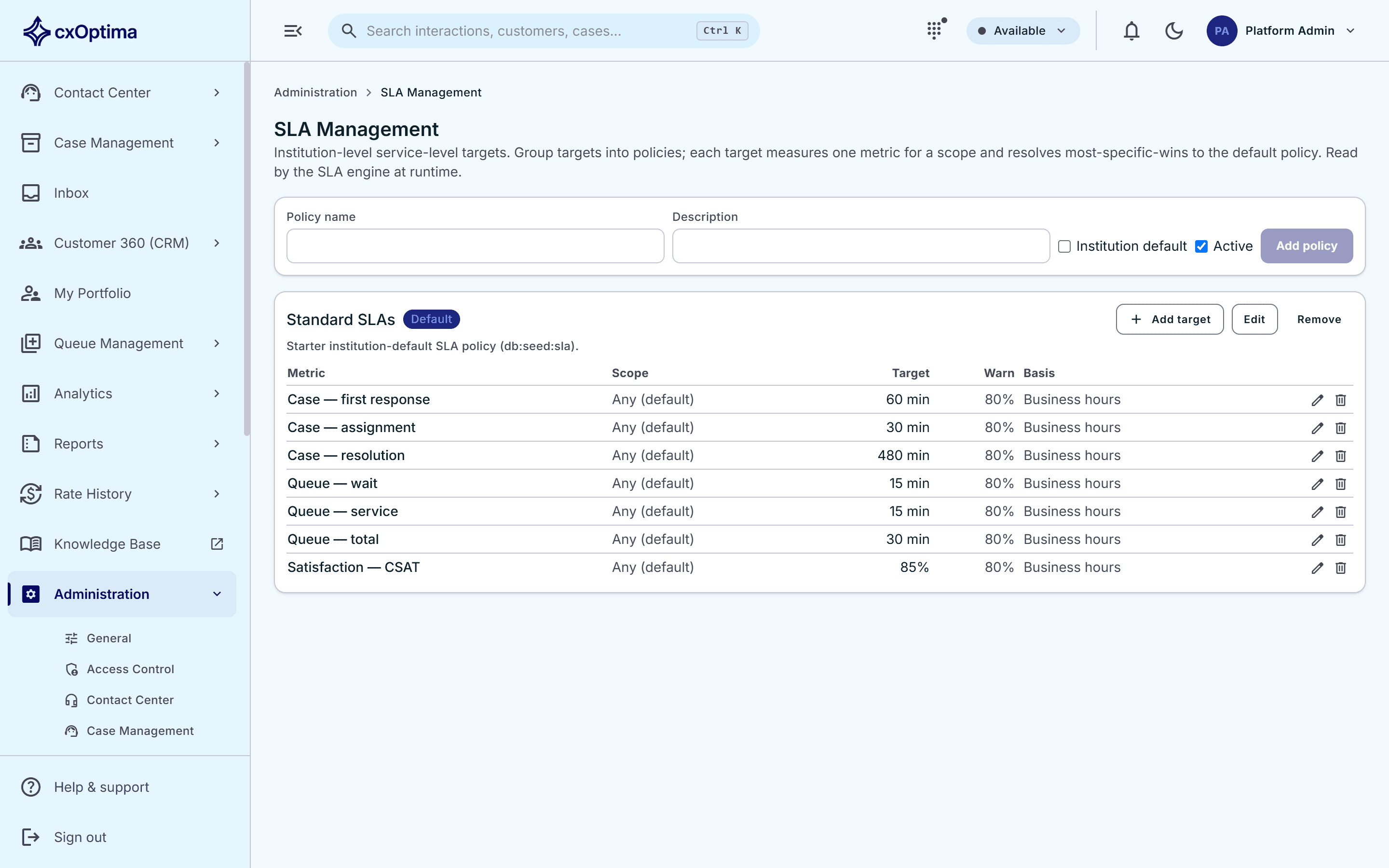 cxOptima SLA policy management