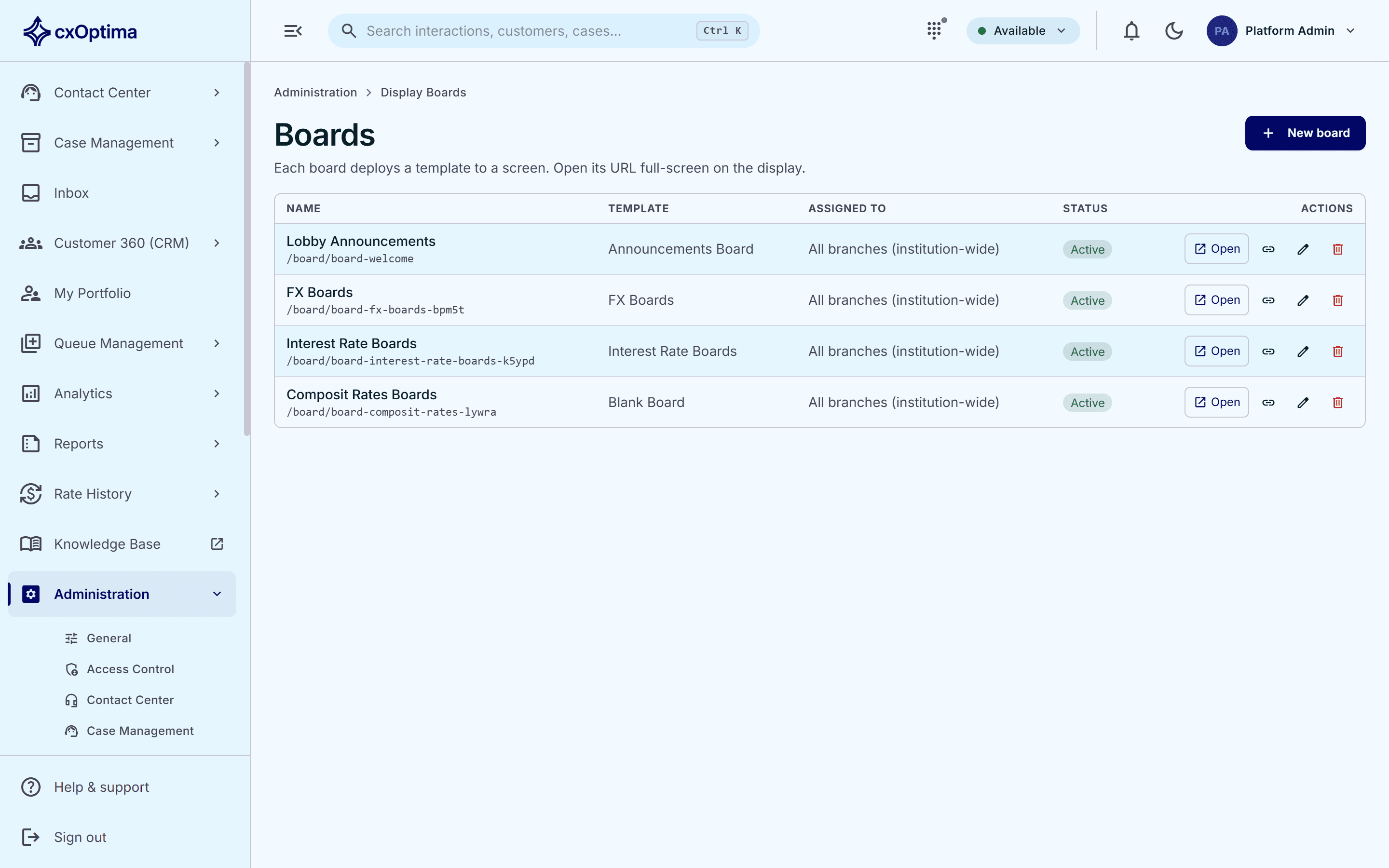 cxOptima display board administration