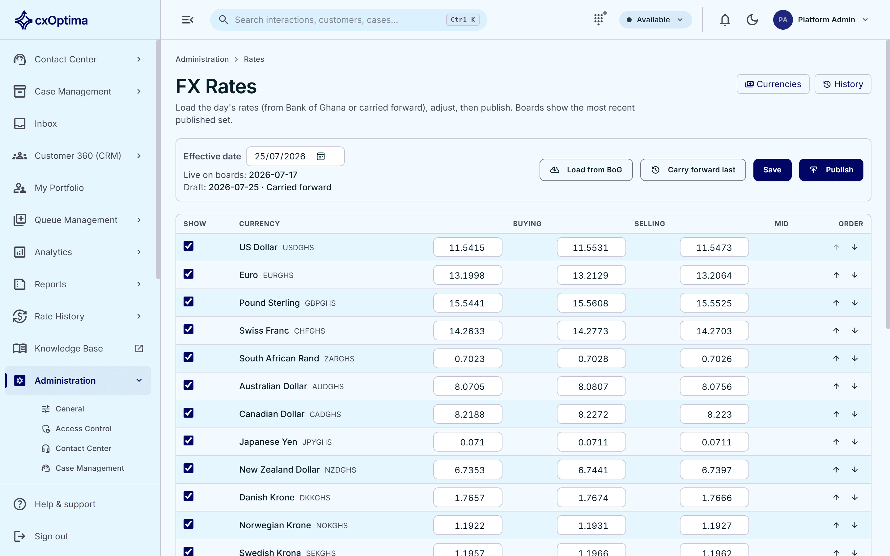 cxOptima foreign-exchange rate management